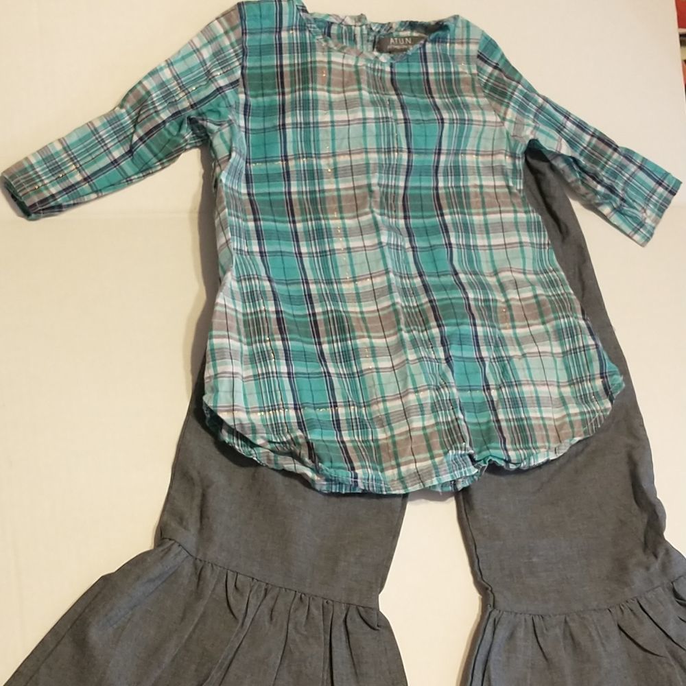 A.T.U.N. Girls 2 piece outfit with plaid shirt and ruffle pants. EUC